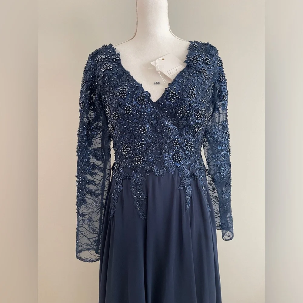 NWT Mac Duggal High Neck Mesh Long Sleeve Embellished A Line Gown 20388 Size 8